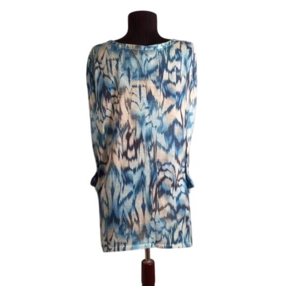 Chicos Size 3 XL Tunic Top Blue Ikat Pattern Long Sleeve Pleated Raw Edge Detail - Picture 5 of 9